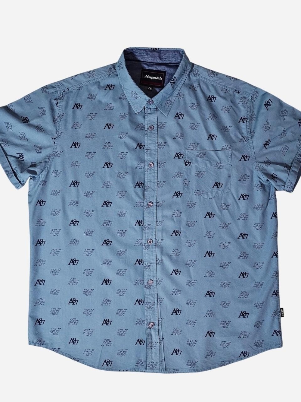 Aeropostale Light Blue Short-Sleeve Button-Down with A87 Print